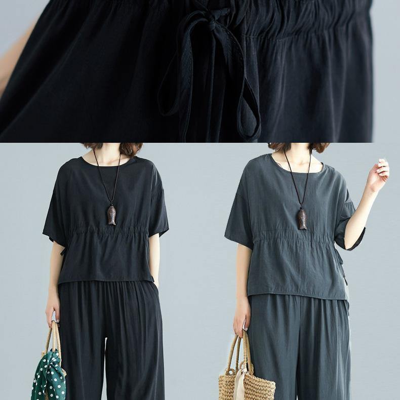Gray Two Pieces Drawstring Short Sleeve Tops and Elastic Waist Pants