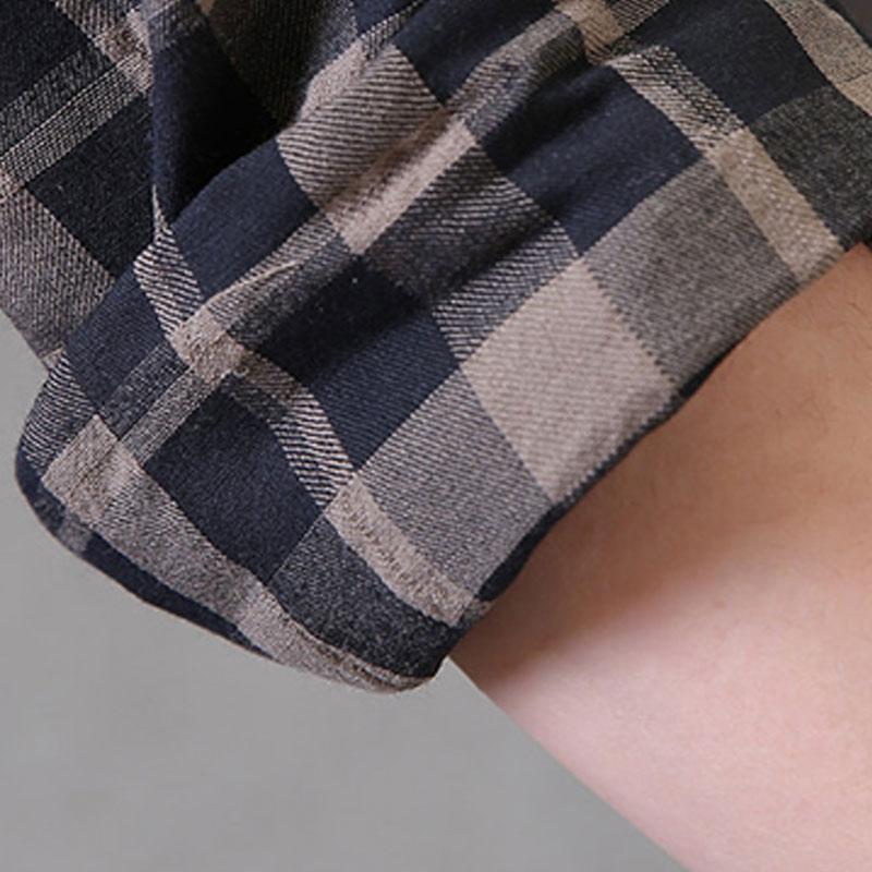 Natural Cotton Linen T Shirt Loose Polo Collar Plaid Shirt Single Breasted Black Top