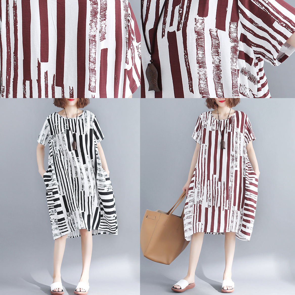 Red Pure Cotton Blended Dress Holiday Dresses Short Sleeve Geometric O Neck Asymmetric Cotton Blended Clothing