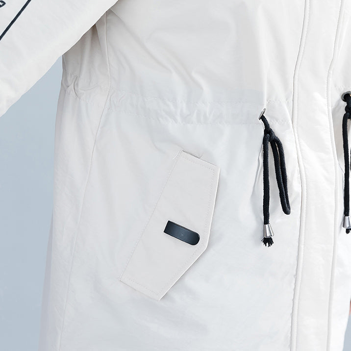 White Parka Loose Fitting Hooded Fur Collar Letter Quilted Coat Tie Waist Pockets Cotton Coats