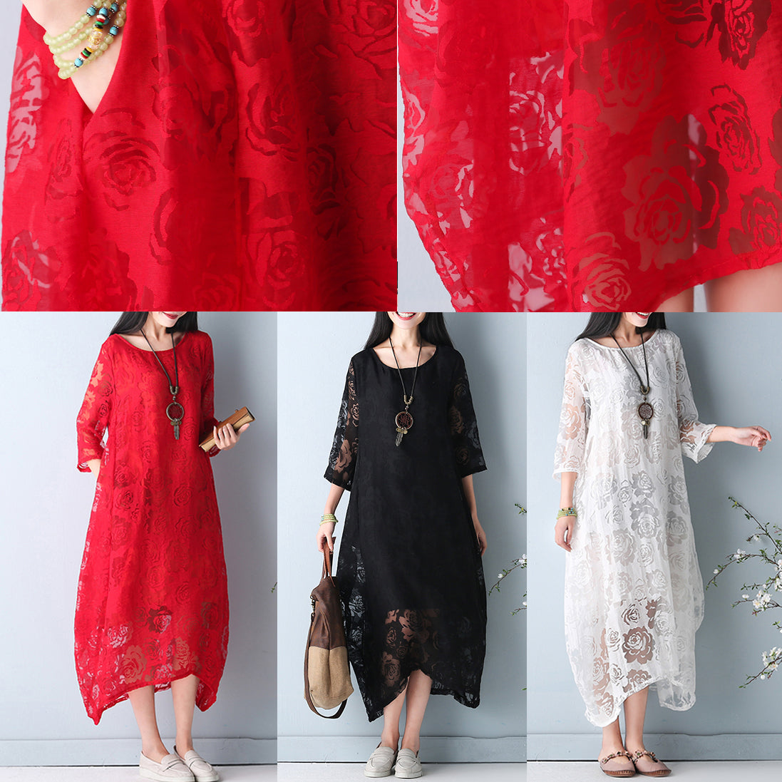 White Hollow Out Maxi Dresses O Neck Half Sleeve Summer Dress Asymmetric Summer Maxi Dress