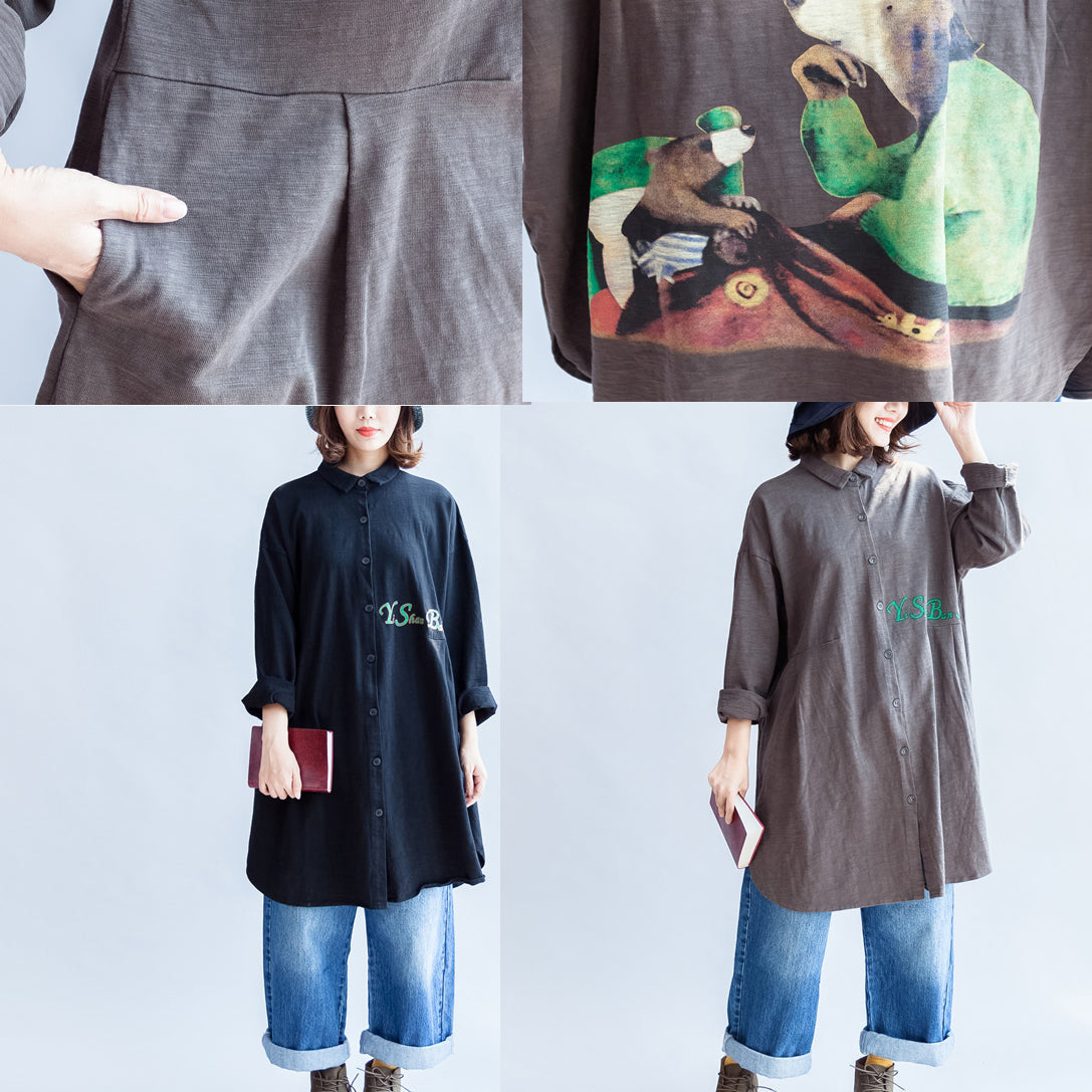 front alphabet embroidery black cotton tops plus size long sleeve mid long shirts