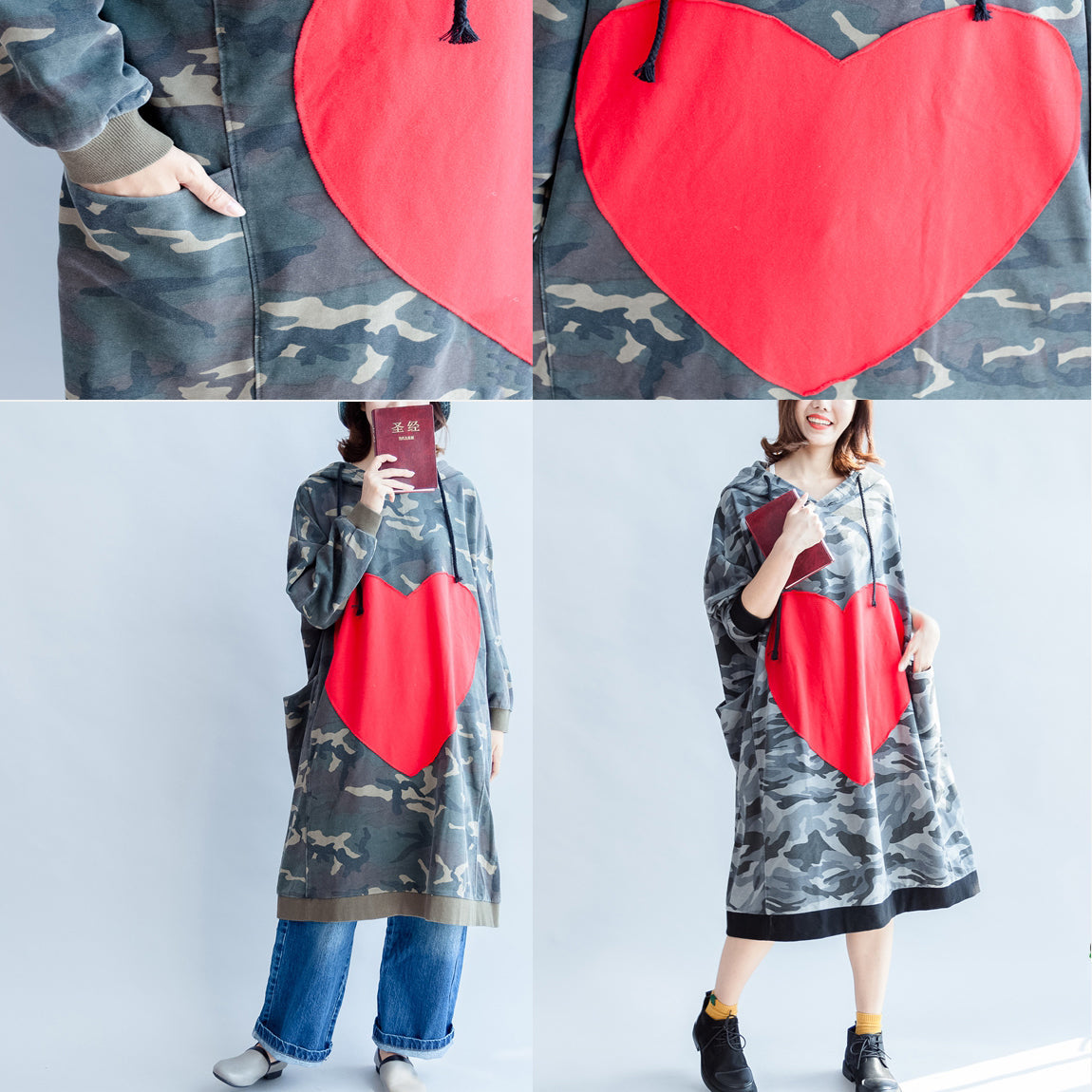 Green Ruffles Autumn Cotton Dresses Big Loving Heart Hooded Prints Mid Long Dress