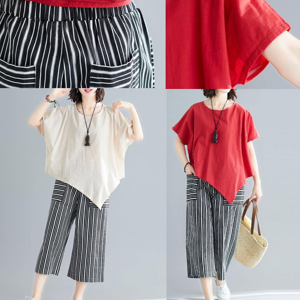 Loose Two Pieces Asymmetric White T Shirts and Striped Pants
