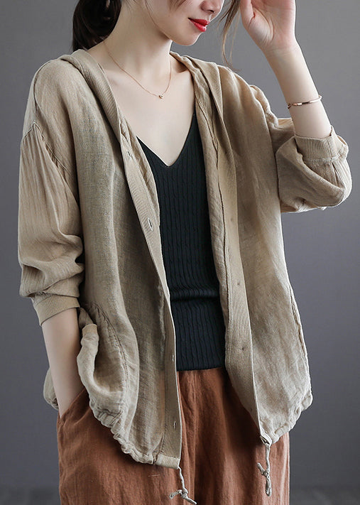 Khaki Hooded Button Drawstring Cotton Coat Fall
