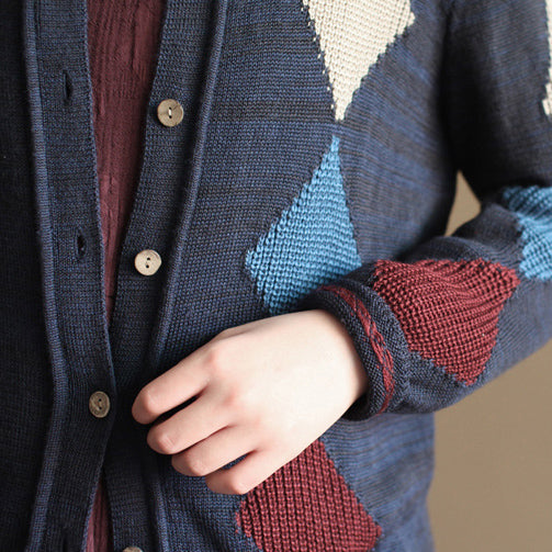 Navy Patchwork Woolen Knit Cardigans Loose Long Sleeve Sweater Outwear