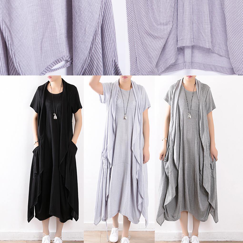 New Gray Linen Two Pieces Sleeveless Cardigans and O Neck Maxi Dress