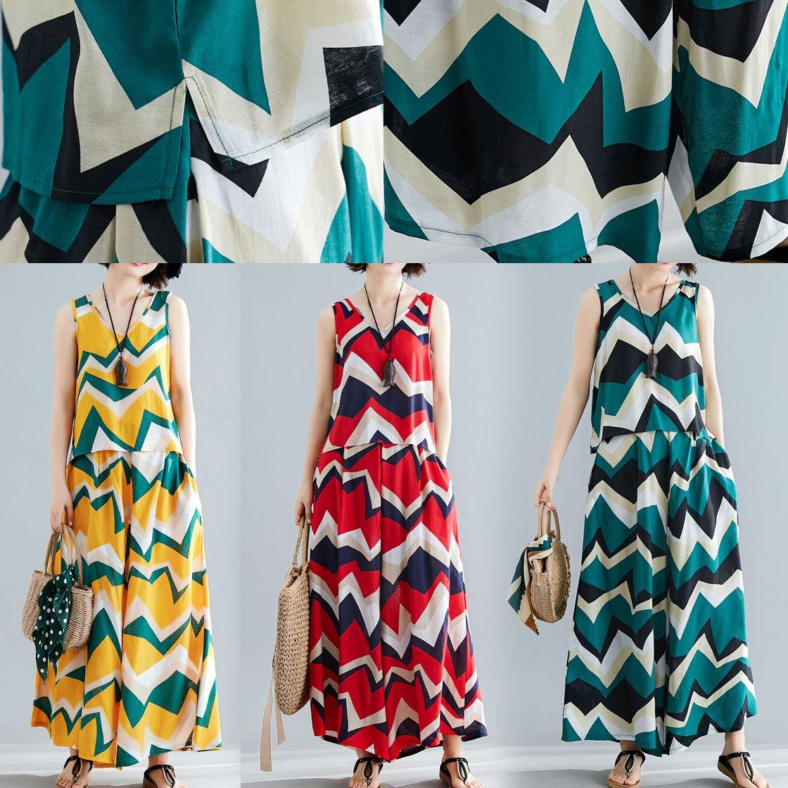 New Red Cotton Two Pieces Sleeveless Prints Linen Tops and Wide Leg Pants