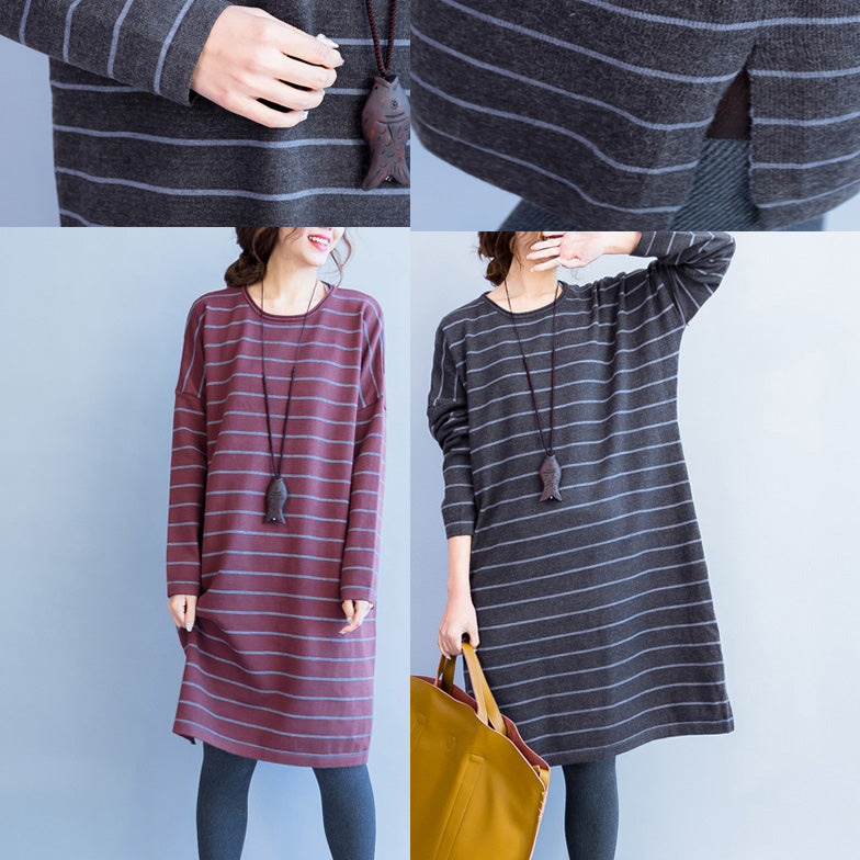 Oversize Gray Striped Knit Dresses Long Sleeve Sweater Dress Side Open