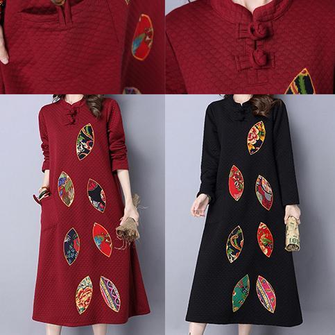 Red Embroidery Cotton Dresses Long Sleeve Maxi Warm Dress