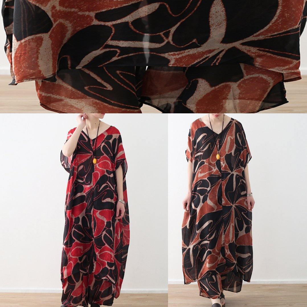 Red Prints Chiffon V Neck Long Tops and Pants Two Pieces