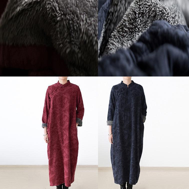 Red Winter Dresses Linen Dress New Thick Velour Inside Gown Caftans Style