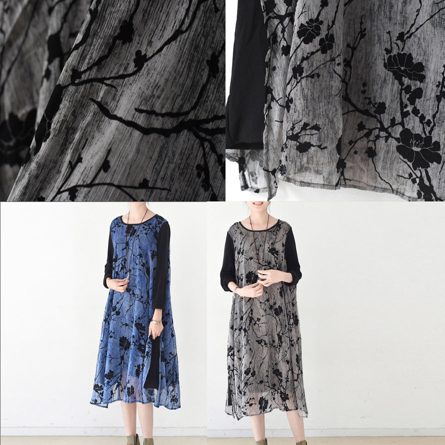 Royal Blue Spring Dresses Plum Flowers Print Chiffon Dress Long Maxi Dresses Layered