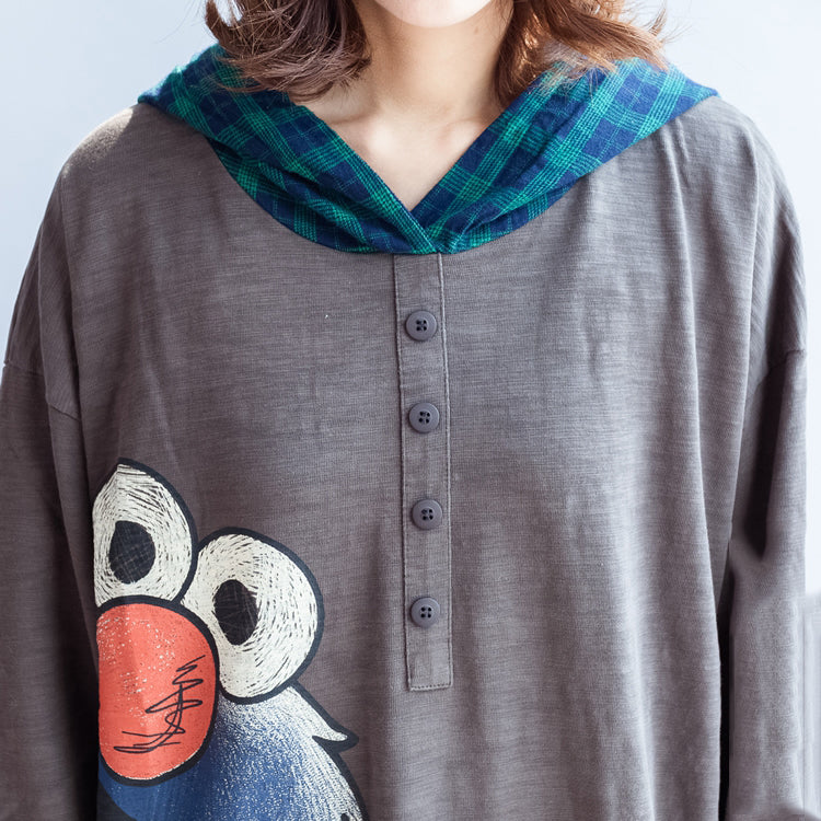 Stylish Big Bird Prints Gray Knit Cotton Tops Grid Hooded T Shirt