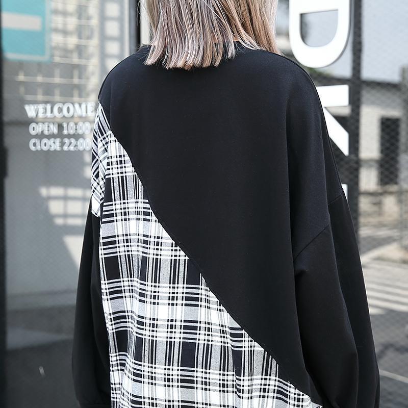 Stylish Black Plaid Patchwork Cotton Blended Dresses O Neck Caftans Side Open Baggy Dresses