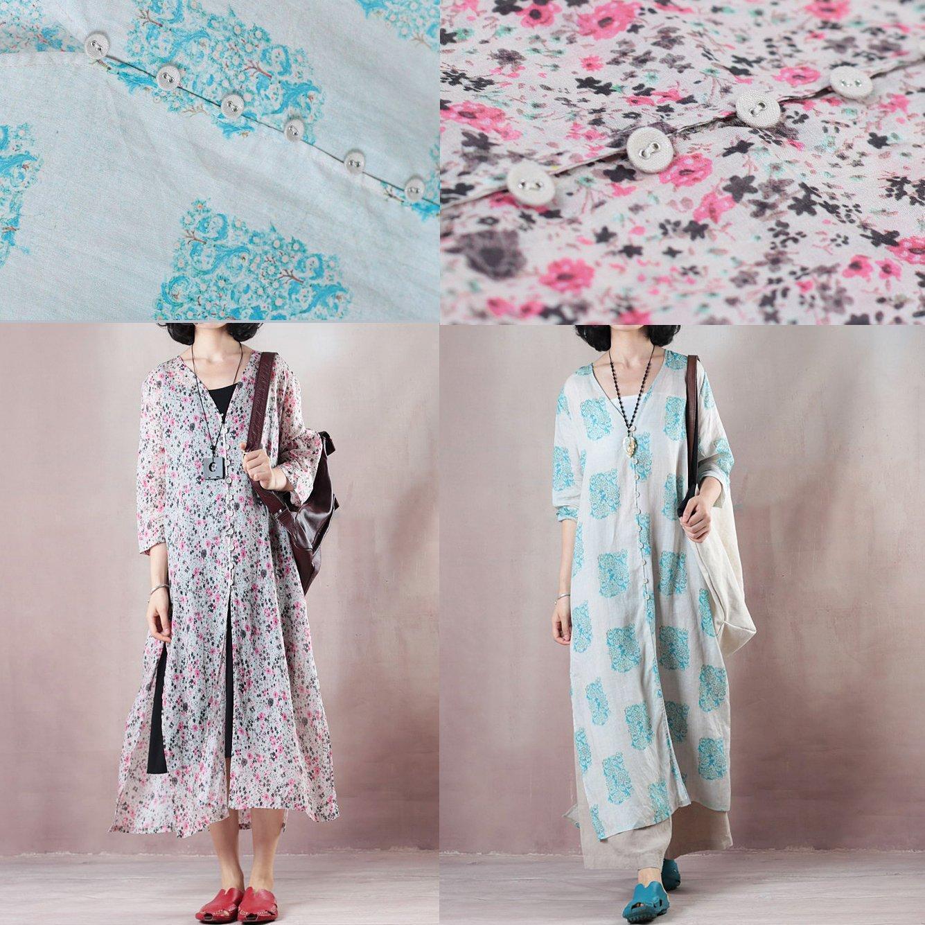 Stylish Blue Print Long Linen Dresses Clothing V Neck Side Open Traveling Dress Fine Half Sleeve Gown