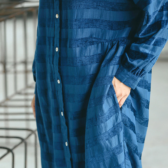 Stylish Blue Striped Oversized Dress Pockets Fine Stand Collar Natural Linen Dress