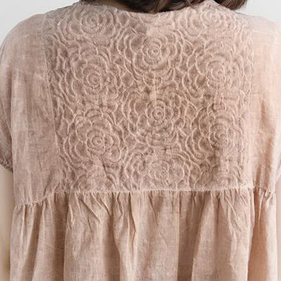 Stylish Cotton Shirts Clothing Summer Short Sleeve Beige Boat Neck Blouse