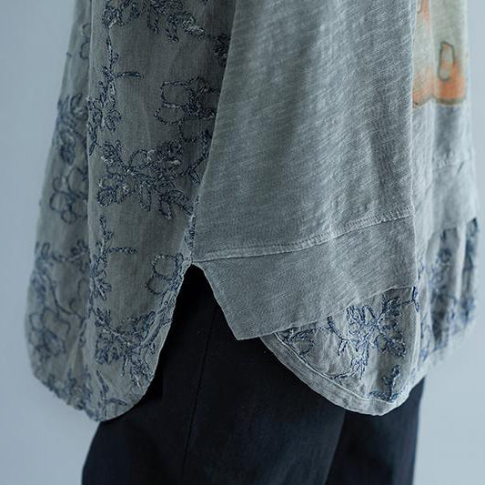 Stylish Linen Cotton Tops Clothing Summer Embroidery Short Sleeve Slit Blouse