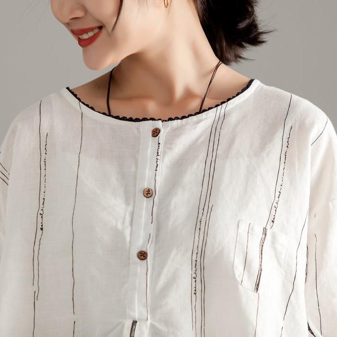Stylish Pure Linen Tops Round Neck Half Sleeve Stripe Pullover Blouse