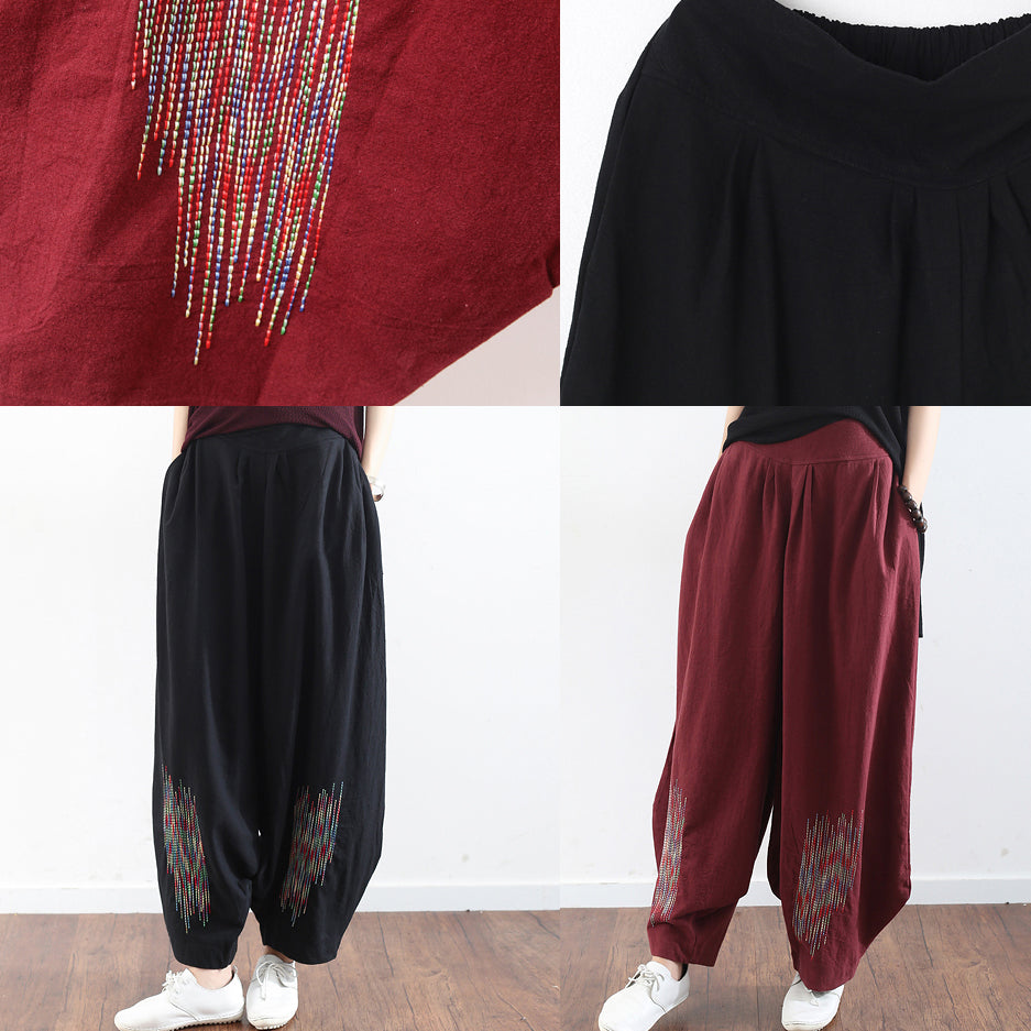 Summer Black Embroidery Cotton Linen Traveling Pants Loose Wide Leg Pant