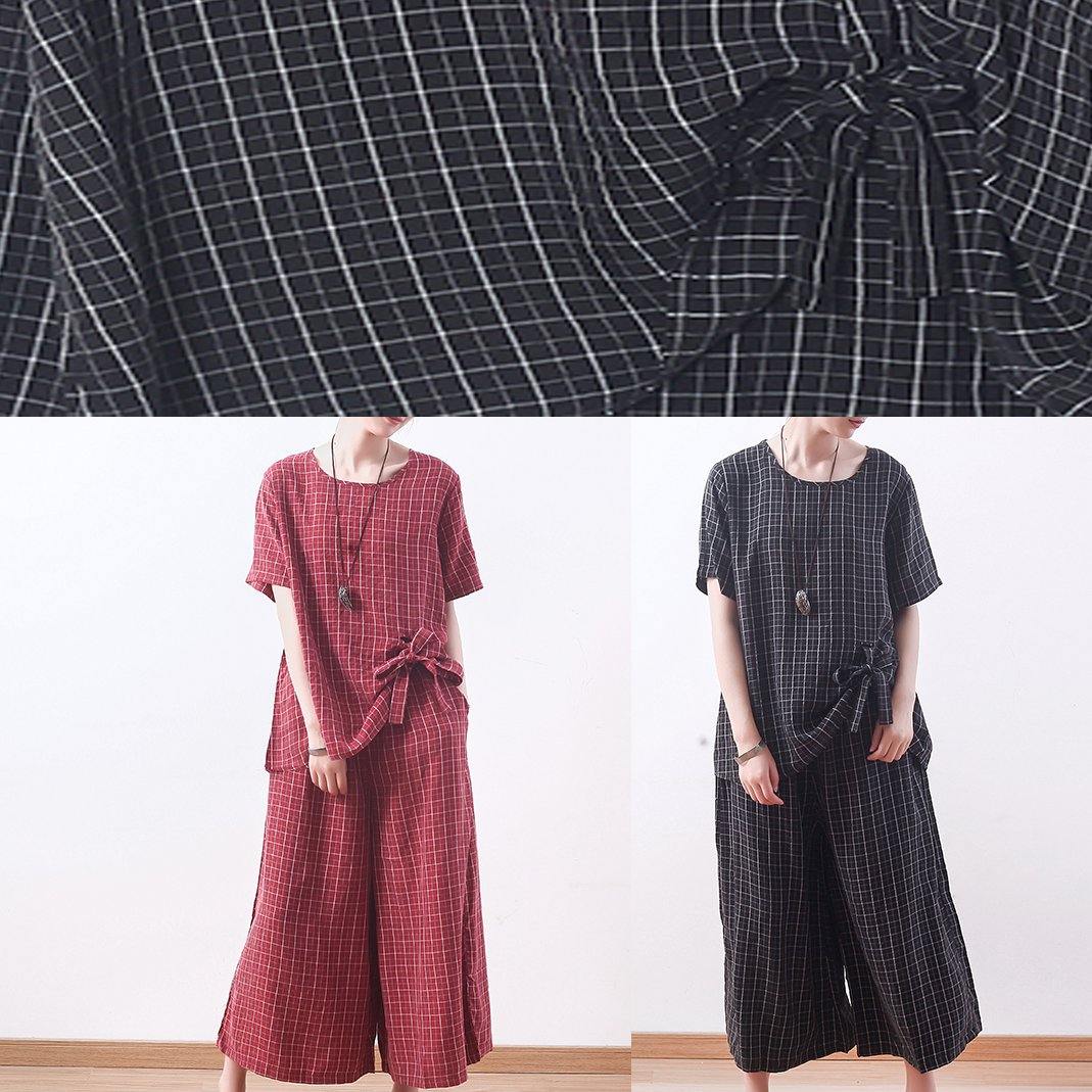 Summer Black Plaid Silk Loose T Shirt With Wide Leg Pants Two Pieces