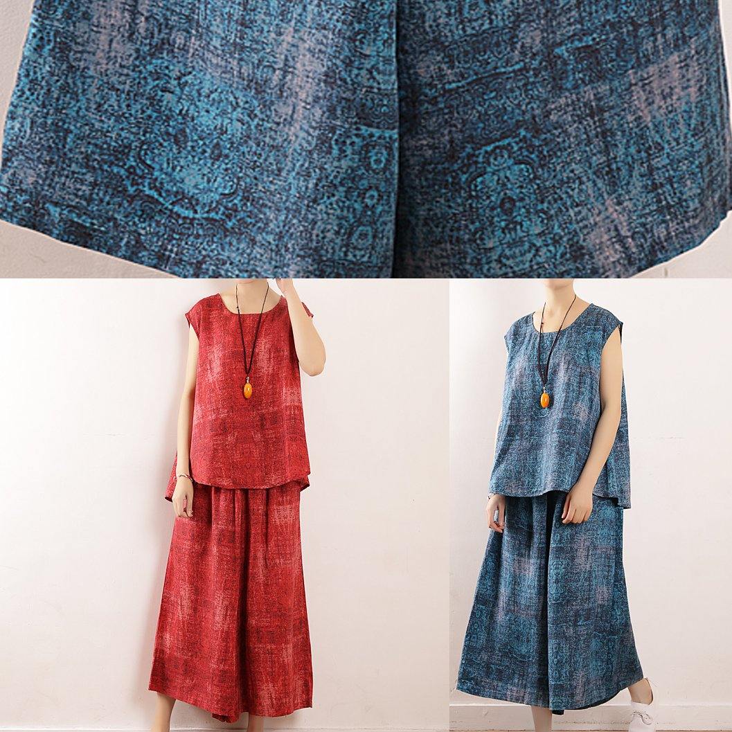 Summer Linen Two Pieces Red Sleeve Tops With Wide Leg Pants