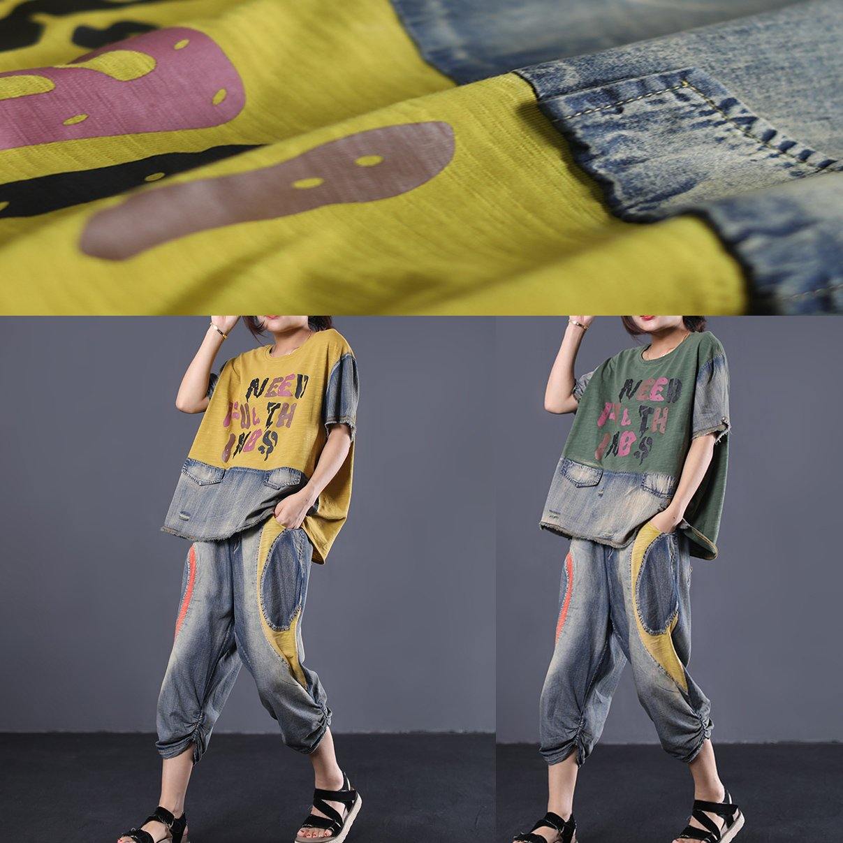 Summer Green Cotton Clothing Patchwork Alphabet Two Pieces