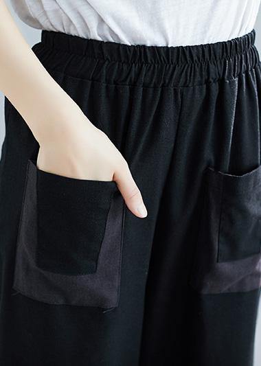 Summer New Black Blended Cotton Pants Elastic Crop Pants