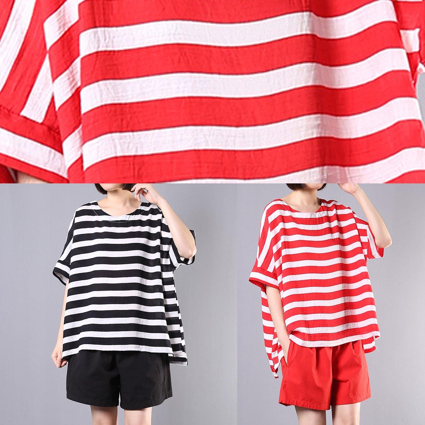Summer Two Pieces Red Striped O Neck Tops and Shorts