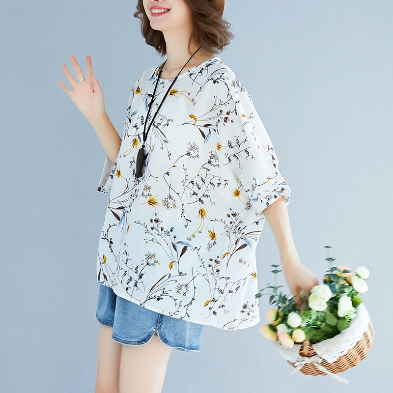 Summer White Print Silk Tops Tie Bust Short Sleeve T Shirt