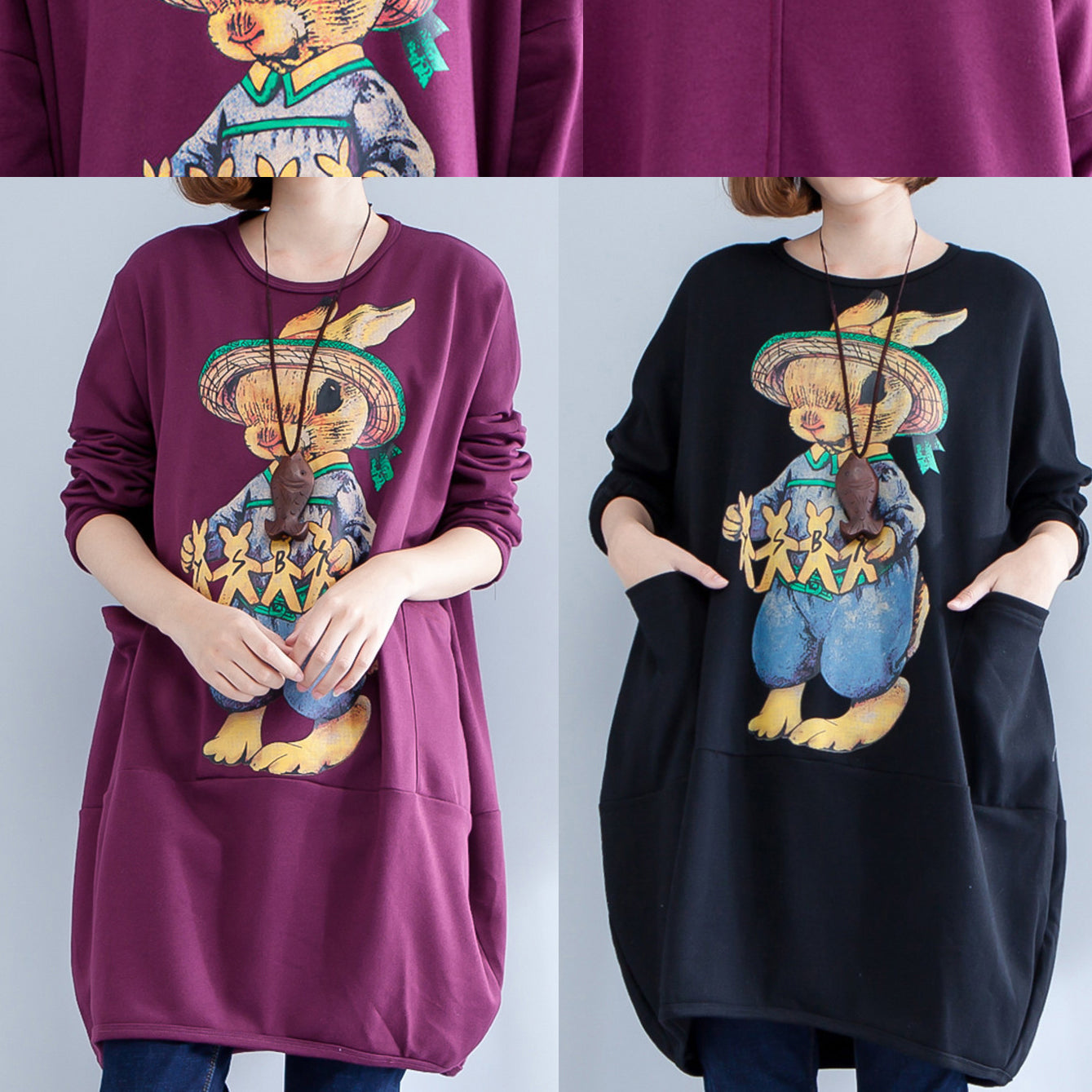 Thick Warm Burgundy Print Cotton Maternity Dress Oversize O Neck Dress