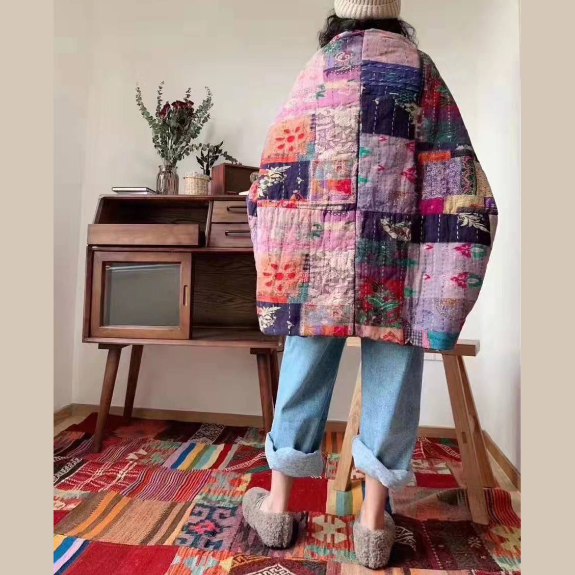 Thick Prints Outwear Clothing Snow Jackets Patchwork V Neck Overcoat