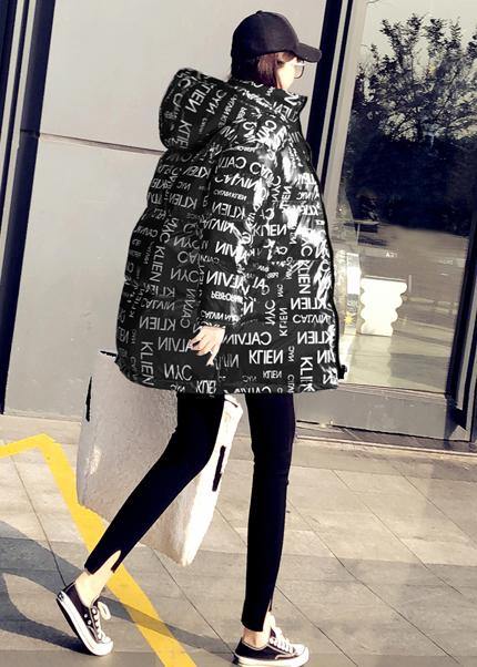 Fine Loose Fitting Parka Winter Outwear Black Letter Hooded Pockets Goose Down Coat