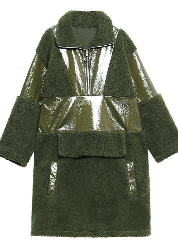 Army Green Wool Coat Winter Lapel Patchwork Pu Jacket