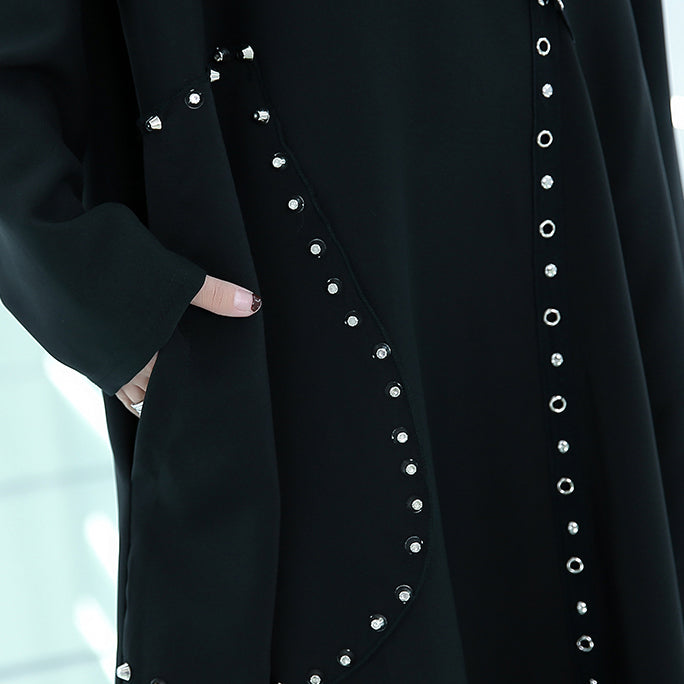 Fine Black Midi-length Dress Oversized Traveling Asymmetrical Design Boutique O Neck Autumn Dress