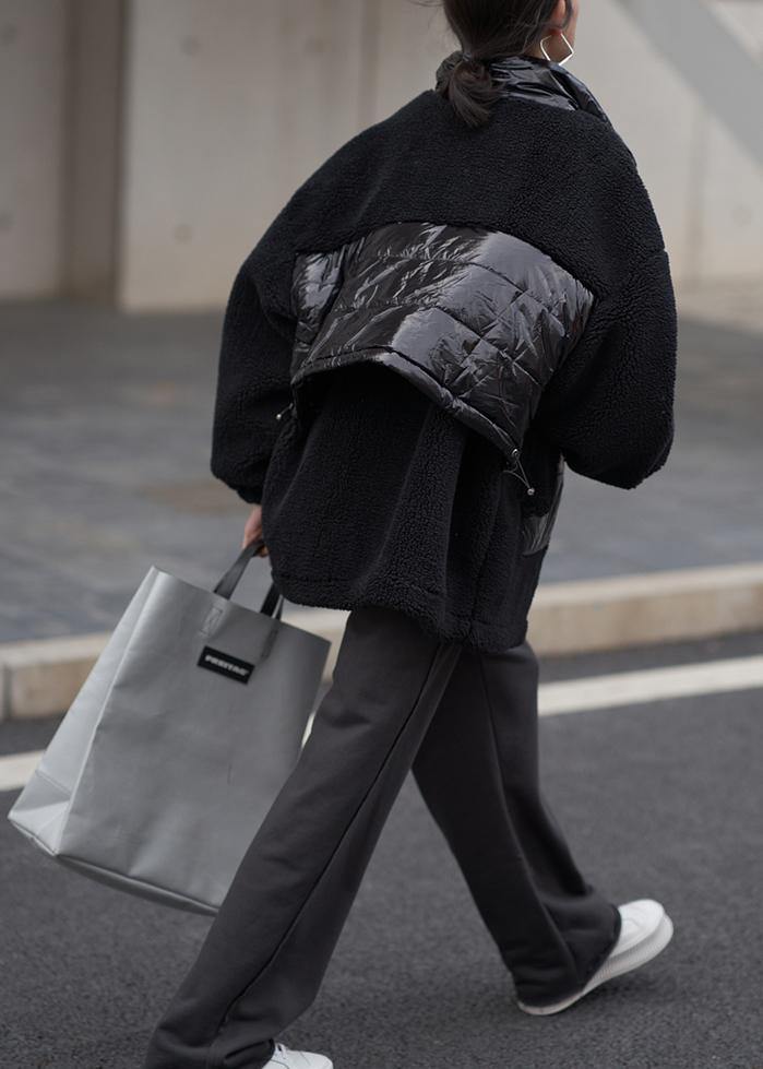 Black Wool Coat Stand Collar Patchwork Coats
