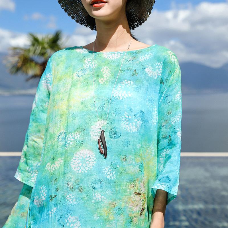 Fine Blue Print Natural Linen Dress O Neck Baggy Dresses New Three Quarter Sleeve Dresses