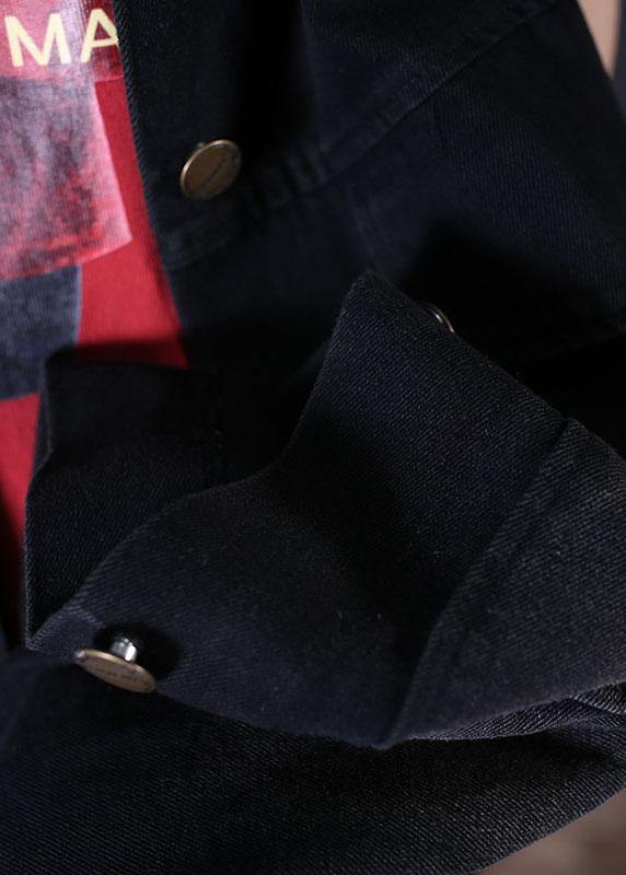 Fine Fall Denim Black Lapel Large Pockets Overcoat
