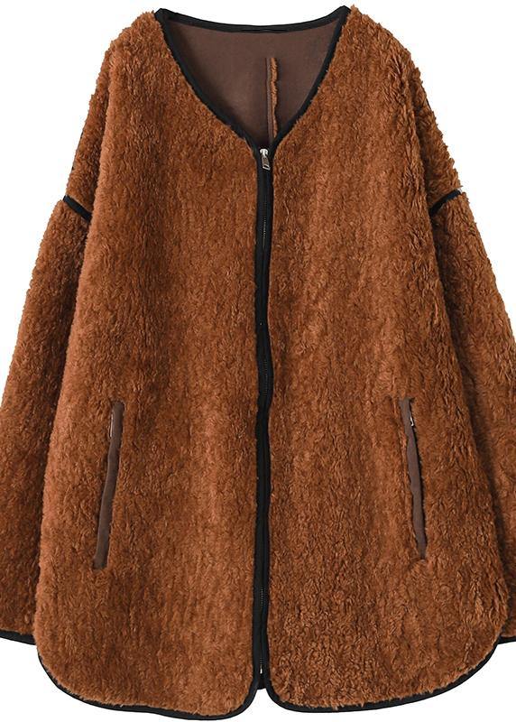 Oversized Coats Chocolate O Neck Zippered Wool Coat