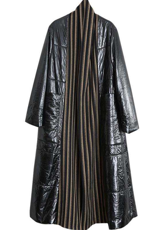 Fine Oversized Winter Coat Black Patchwork Striped Pockets Wool Coat