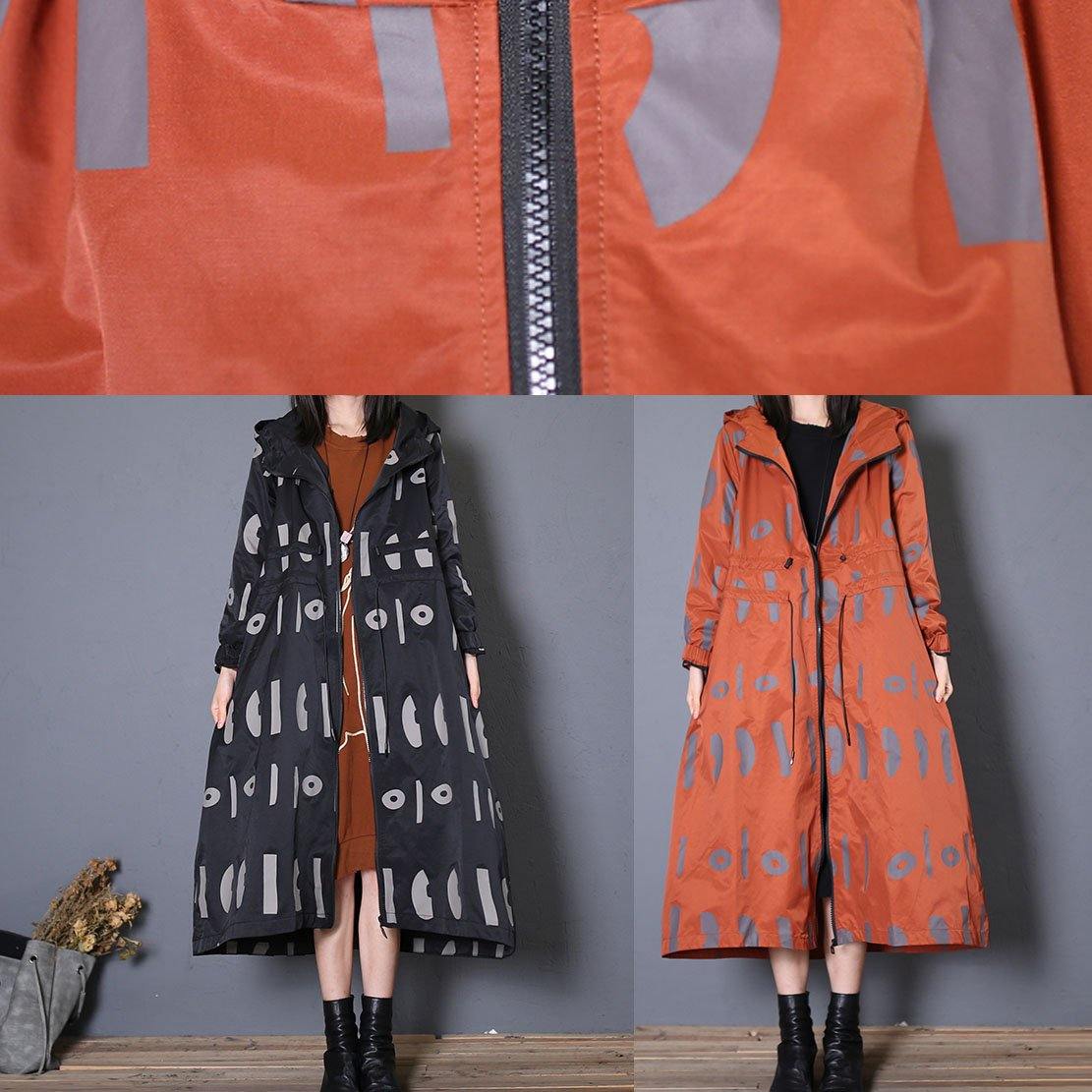 Fine Oversized Trench Coat Fall Black Prints Hooded Drawstring Coat