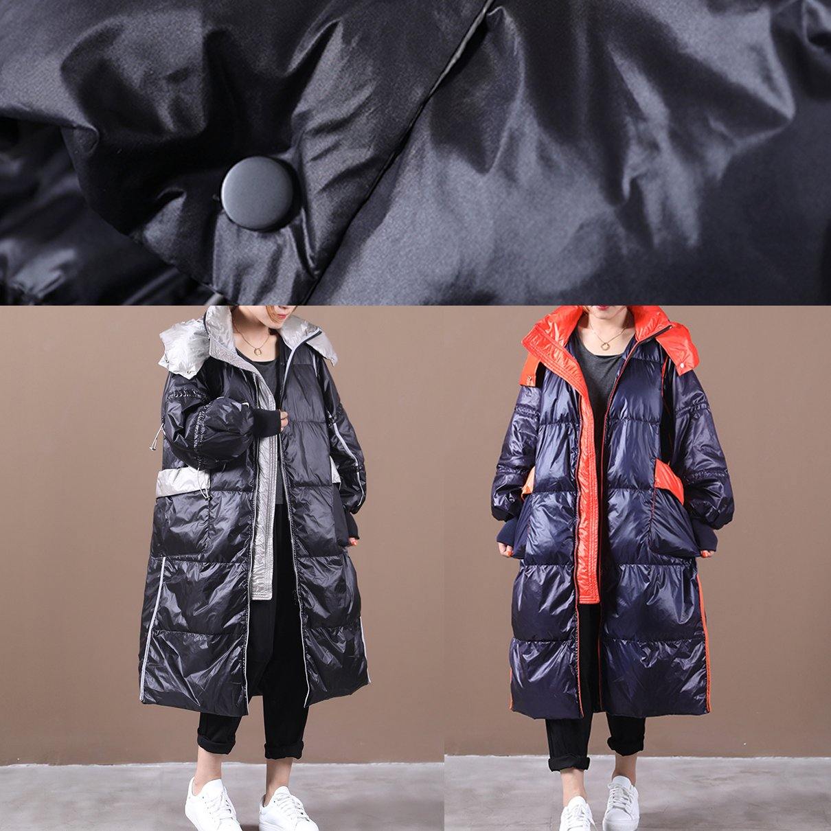 Parka Overcoat Dark Blue Hooded Patchwork Goose Down Coat