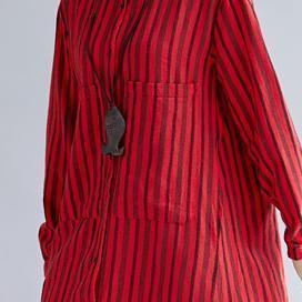 Fine Red Long Cotton Linen Shirt Dress Turn-down Collar Side Open Fine Long Sleeve Pockets Cotton Linen Shirt Caftans