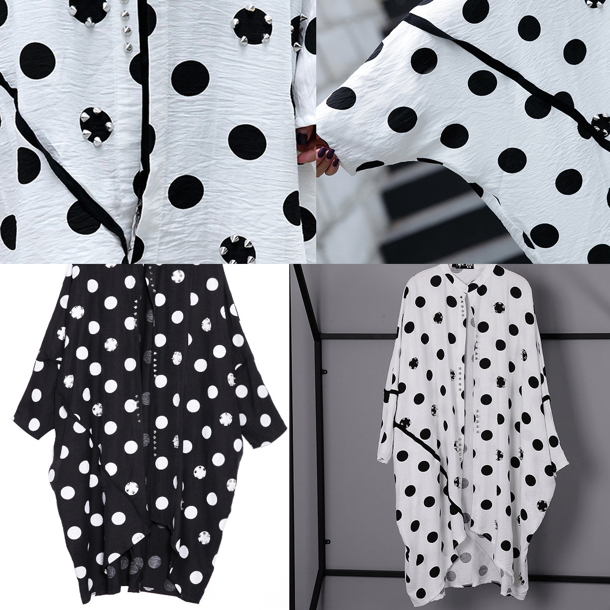 Fine White Cotton Dotted Prints Thin Cardigans Oversized Linen Batwing Sleeve Trench Coat Stand Collar Coats