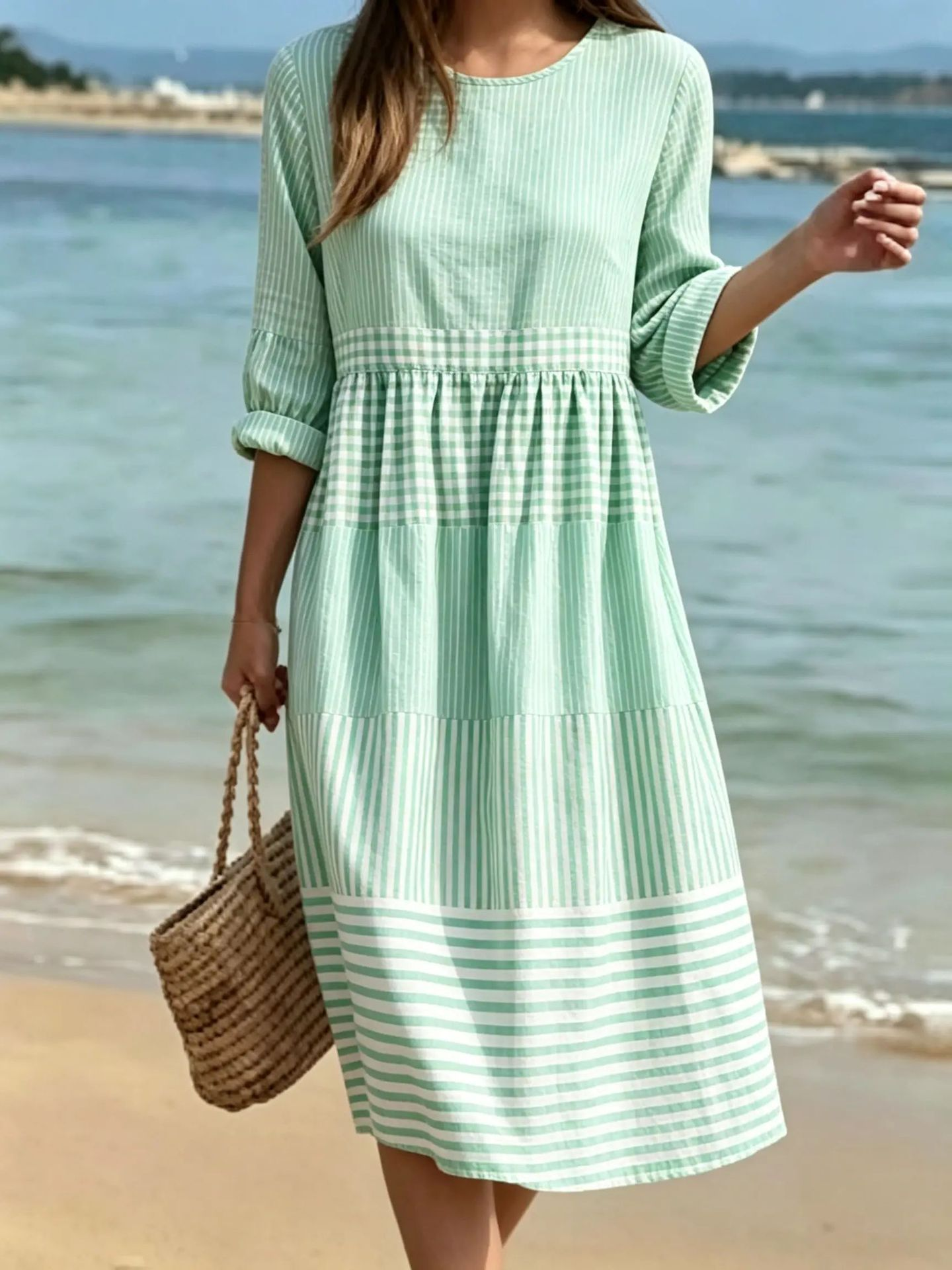 Fitted Green Puff Sleeve Patchwork Striped Cotton Robe Dresses
