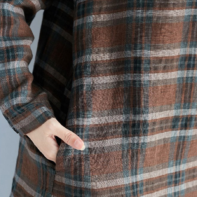 Chocolate Plaid Cotton Linen Caftans Turn-down Collar Baggy Dresses Long Sleeve Dresses