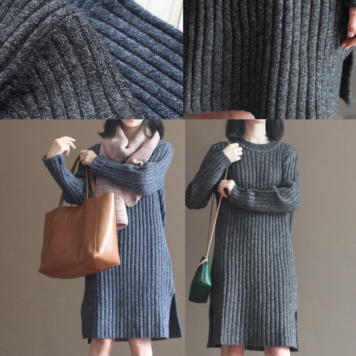 Winter Thick Gray Blue Cotton Knit Dresses Striped Sweater Dress
