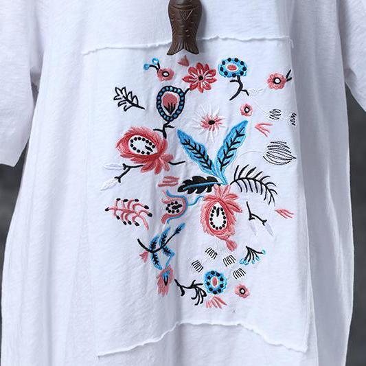 Midi-length Cotton Dress Loose Round Neck Embroidered Irregular Cotton Dress