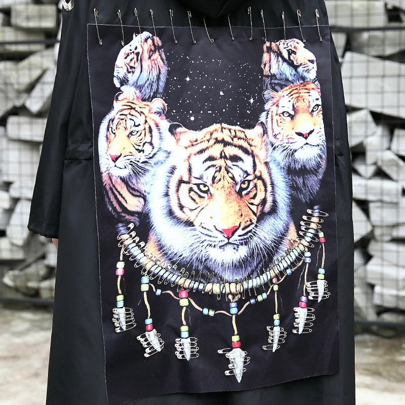 Black Coat Hooded Asymmetric Trench Coat Tie Waist Print Coats